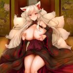  albino animal_ears bare_legs black_kimono breasts breasts_outside closed_mouth cowboy_shot detached_sleeves floral_print flower flower_knight_girl fox_ears fox_tail hair_flower hair_ornament higanbana_(flower_knight_girl) huge_breasts japanese_clothes kimono long_hair looking_at_viewer multiple_tails nipples no_panties object_namesake print_kimono puffy_nipples red_eyes saruton self_fondle shiny shiny_skin sitting smile solo spider_lily tail white_hair 
