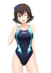  asics ass_visible_through_thighs black_hair black_swimsuit blue_bow bow brown_eyes competition_swimsuit covered_navel cowboy_shot flipped_hair fuuma_nagi hair_bow hair_ornament looking_at_viewer one-piece_swimsuit one_eye_closed open_mouth original short_hair simple_background smile solo standing swimsuit white_background 