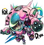  acronym aiming_at_viewer artist_name bangs blue_bodysuit bodysuit brown_eyes brown_hair character_name chibi controller d.va_(overwatch) emblem facepaint facial_mark flying frown full_body gloves headphones high_collar joystick logo looking_at_viewer mecha meka_(overwatch) open_mouth overwatch pilot_suit piloting serious sharp_teeth shoulder_pads sido_(slipknot) signature simple_background skin_tight solo swept_bangs teeth whisker_markings white_background white_gloves 