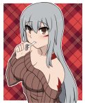  alternate_costume blush bokota_(bokobokota) breasts cigarette commentary_request eyebrows_visible_through_hair facial_scar gangut_(kantai_collection) grey_hair hair_between_eyes highres kantai_collection large_breasts long_hair long_sleeves looking_at_viewer remodel_(kantai_collection) ribbed_sweater scar scar_on_cheek smoking solo sweater 