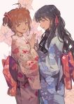  antenna_hair bangs black_hair blue_eyes blue_kimono brown_hair cardcaptor_sakura daidouji_tomoyo dal_(edalnem) floral_print flower green_eyes hair_ribbon highres japanese_clothes kimono kinomoto_sakura long_hair looking_at_viewer multiple_girls obi open_mouth pink_kimono pink_ribbon ribbon sash short_hair smile two_side_up yukata 