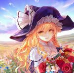  bangs black_bow black_hat blonde_hair blue_sky bouquet bow braid cloud commentary_request day eyebrows_visible_through_hair flower frills hair_between_eyes hair_bow hat hat_bow kirisame_marisa long_hair looking_at_viewer md5_mismatch outdoors parted_lips puffy_short_sleeves puffy_sleeves purple_bow red_flower red_rose ribbon-trimmed_sleeves ribbon_trim rose short_sleeves side_braid single_braid sky smile solo tocope touhou upper_body wavy_hair white_bow white_flower witch_hat yellow_eyes 
