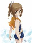  2018 4suke artist_name bare_arms bare_shoulders blue_swimsuit blush brown_eyes brown_hair closed_mouth commentary cowboy_shot dated eyebrows eyebrows_visible_through_hair hair_ornament i-401_(kantai_collection) kantai_collection one-piece_swimsuit orange_sailor_collar ponytail sailor_collar school_swimsuit school_uniform serafuku shirt short_hair sidelocks sleeveless sleeveless_shirt smile solo standing swimsuit swimsuit_under_clothes white_shirt 