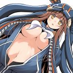  blush breasts brown_eyes brown_hair hat iona_(last_period) large_breasts last_period long_hair looking_at_viewer navel neckerchief nipples no_bra open_clothes open_mouth solo tsuzuri_(tuzuri) upper_body 