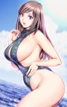  1girl bare_shoulders breasts brown_hair curvy from_side highres large_breasts lipstick long_hair looking_at_viewer makeup one-piece_swimsuit open_mouth original purple_eyes saigadou sideboob smile solo swimsuit turtleneck 