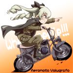  anchovy anzio_military_uniform bangs belt black_cape black_footwear black_ribbon boots brown_belt cape drill_hair driving eyebrows eyebrows_visible_through_hair from_side full_body girls_und_panzer gradient gradient_background green_hair green_pants green_shirt grin ground_vehicle hair_between_eyes hair_ribbon highres index_finger_raised leaning leaning_forward long_hair long_sleeves military military_uniform motor_vehicle motorcycle multicolored multicolored_background on_motorcycle orange_background pants pocket red_eyes ribbon shirt sideways_mouth sitting smile solo strap tom_(drpow) twin_drills uniform v-shaped_eyebrows wheelie white_background 
