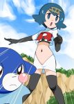  1girl alternate_costume blue_eyes blue_hair hainchu hairband midriff navel pokemon pokemon_(anime) pokemon_sm popplio short_hair team_rocket team_rocket_(cosplay) 