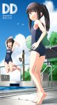  alternate_hairstyle ass bangs barefoot black_hair black_swimsuit blue_sky blunt_bangs blurry brown_eyes brown_hair chain-link_fence closed_eyes cloud day depth_of_field diving_board fence from_behind full_body hatsuyuki_(kantai_collection) highres jumping kantai_collection kickboard long_hair looking_back miyuki_(kantai_collection) multiple_girls name_tag old_school_swimsuit one-piece_swimsuit outdoors ponytail pool pool_ladder poolside sakura_(medilore) school_swimsuit short_hair sky solo_focus standing starting_block swimsuit 