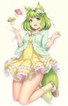  :d animal_ear_fluff animal_ears aqua_eyes aqua_jacket bangs blush breasts brown_footwear dress eyebrows_visible_through_hair flower fox_ears fox_tail frilled_dress frilled_sleeves frills full_body green_hair hair_flower hair_ornament hands_up heart heart_necklace highres jacket jewelry jumping kneehighs looking_at_viewer medium_breasts medium_hair mushroom open_clothes open_jacket open_mouth original pendant sasaame shiny shiny_hair shiny_skin shoes simple_background smile solo swept_bangs tail tareme thighs w_arms white_flower wristband yellow_background yellow_dress yellow_legwear 