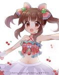  :d bangs bow bowtie brown_eyes brown_hair clover_hair_ornament criss-cross_halter crop_top eyebrows_visible_through_hair frills hair_ornament halterneck idolmaster idolmaster_cinderella_girls looking_at_viewer midriff miyuara navel neck_ribbon ogata_chieri open_mouth outstretched_arms pink_bow pink_ribbon ribbon sidelocks skirt smile solo spread_arms twintails white_background white_neckwear wrist_cuffs 