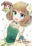  ascot back_bow blue_eyes blush bow brooch brown_eyes brown_hair chibi circle_name clover commentary_request cover cover_page doujin_cover dress elbow_gloves eyebrows_visible_through_hair finger_to_mouth flower four-leaf_clover frilled_gloves frills gloves green_eyes hair_bow hair_flower hair_ornament heterochromia holding_clover idolmaster idolmaster_cinderella_girls jewelry minigirl miyuara mole mole_under_eye multiple_girls ogata_chieri sash short_hair sidelocks takagaki_kaede twintails upper_body white_background 
