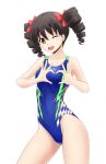  black_hair blue_swimsuit brown_eyes competition_swimsuit covered_navel cowboy_shot drill_hair fuuma_nagi hair_ornament hair_ribbon heart heart_hands highres long_hair looking_at_viewer one-piece_swimsuit one_eye_closed open_mouth original red_ribbon ribbon simple_background smile solo speedo_(company) standing swimsuit twin_drills twintails white_background 