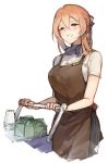  alternate_costume apron bangs blush breasts brown_hair casual character_name commentary_request eyebrows_visible_through_hair flight_attendant girls_frontline green_eyes hair_between_eyes hair_ribbon hair_rings half-closed_eyes highres large_breasts long_hair m1903_springfield_(girls_frontline) name_tag open_mouth ponytail pushing_cart ribbon scarf shirt short_sleeves shuzi sidelocks simple_background skirt smile solo stewardess tareme uniform white_background 