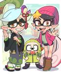  3girls aori_(splatoon) beanie blush_stickers boots earrings eyelashes gashi-gashi hand_on_another's_head hat hotaru_(splatoon) inkling japanese_clothes jewelry kimono mole mole_under_eye multiple_girls open_mouth oriental_umbrella pointy_ears sandals sharp_teeth short_shorts shorts smile socks splatoon_(series) splatoon_2 squidbeak_splatoon symbol-shaped_pupils teeth tentacle_hair tongue tongue_out umbrella yellow_eyes 