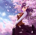  augu_(523764197) bad_id bad_pixiv_id blue_sky blurry blurry_background blurry_foreground blush breasts brown_vest cherry_blossoms collared_shirt day depth_of_field fate/stay_night fate_(series) from_side hair_ribbon highres holding homurahara_academy_uniform lens_flare lips long_hair long_skirt long_sleeves looking_at_viewer looking_to_the_side matou_sakura medium_breasts neck_ribbon outdoors purple_eyes purple_hair purple_skirt red_neckwear red_ribbon ribbon school_briefcase shiny shiny_hair shirt skirt sky solo straight_hair sun sunlight two-handed vest white_shirt wing_collar 