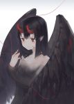  ano54 bangs black_hair black_wings breasts commentary_request eyebrows_visible_through_hair facial_mark gradient gradient_background grey_background hair_between_eyes highres horns long_hair original parted_lips red_eyes red_string small_breasts solo string white_background wings 