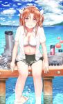  ahoge bike_shorts blush bra breasts cleavage cloud commentary_request day hair_ribbon highres kagerou_(kantai_collection) kantai_collection legs looking_at_viewer navel ocean remodel_(kantai_collection) ribbon rigging sabakuomoto see-through shirt short_hair short_sleeves skirt smokestack solo splashing torpedo torpedo_tubes turret twintails underwear wet wet_clothes white_bra white_shirt 