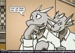  anthro brothers claws clothed clothing comic dialogue dragon duo english_text fin head_fin horn looking_at_viewer male naughtymorg sibling smile smirk text 