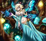  aqua_dress bare_shoulders belly blonde_hair blue_eyes breasts bug butterfly butterfly_wings centaurengine chiko_(mario) collarbone crown curvy dress eyebrows_visible_through_hair fairy forest freckles gem hair_over_one_eye insect jewelry leaning_on_object lips long_hair long_sleeves looking_at_another mario_(series) medium_breasts nature navel parted_lips plump rosetta_(mario) sparkle star star_(sky) strapless strapless_dress super_mario super_mario_3d_world super_mario_galaxy wings 