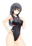  arena_(company) black_hair black_swimsuit brown_eyes competition_swimsuit contrapposto covered_navel cowboy_shot fuuma_nagi long_hair looking_at_viewer one-piece_swimsuit original simple_background solo standing swimsuit white_background 