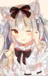  ;d animal_ears azur_lane bad_id bad_pixiv_id bangs bare_shoulders black_bow blush bow brown_background brown_eyes cat_ears commentary dress eyebrows_visible_through_hair frills hair_bow highres long_hair long_sleeves looking_at_viewer one_eye_closed open_mouth sashima silver_hair smile solo tears two_side_up white_bow white_dress wide_sleeves wiping_tears yukikaze_(azur_lane) 