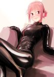  blush bodysuit breasts commentary_request highres kilye_4421 latex looking_at_viewer medium_breasts original pink_hair shiny short_hair skin_tight smile solo 
