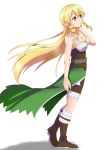  absurdres blonde_hair boots braid breasts brown_footwear cape cleavage collarbone corset eyebrows_visible_through_hair floating_hair freekenji422 from_side green_cape green_eyes hair_between_eyes highres leafa long_hair looking_up medium_breasts pointy_ears shorts sidelocks simple_background solo standing striped sword_art_online thigh_strap twin_braids very_long_hair waist_cape white_background white_shorts 
