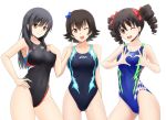  arena_(company) asics ass_visible_through_thighs black_hair black_swimsuit blue_bow blue_swimsuit bow brown_eyes competition_swimsuit contrapposto covered_navel cowboy_shot drill_hair flipped_hair fuuma_nagi hair_bow hair_ornament hair_ribbon heart heart_hands long_hair looking_at_viewer multiple_girls one-piece_swimsuit one_eye_closed open_mouth original red_ribbon ribbon short_hair simple_background smile speedo_(company) standing swimsuit twin_drills twintails white_background 