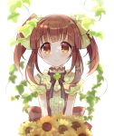  bangs black_ribbon blush bouquet bow brown_eyes brown_hair center_frills clover eyebrows_visible_through_hair floral_print flower green_bow hair_bow hair_flower hair_ornament idolmaster idolmaster_cinderella_girls idolmaster_cinderella_girls_starlight_stage ivy looking_at_viewer miyuara neck_ribbon ogata_chieri plant ribbon sash sidelocks smile solo striped striped_neckwear sunflower twintails upper_body vines 