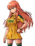  amania_orz bracelet breasts character_request commentary_request cowboy_shot green_eyes inazuma_eleven_(series) jewelry large_breasts long_hair mikado_anna orange_hair polo_shirt short_sleeves solo thighhighs zettai_ryouiki 