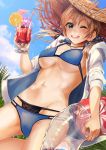  alternate_costume anchor_hair_ornament bikini blonde_hair blue_eyes blue_sky blush breasts cleavage cloud cowboy_shot cross cross_necklace cup day hair_ornament hat highres holding holding_cup holding_innertube innertube iron_cross jewelry kantai_collection konkito large_breasts layered_bikini long_hair looking_at_viewer low_twintails lowleg lowleg_bikini necklace one_eye_closed open_mouth outdoors prinz_eugen_(kantai_collection) skindentation sky smile solo sun_hat swimsuit thighs tropical_drink twintails 