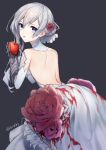  apple arched_back ass asymmetrical_hair backless_dress backless_outfit bad_id bad_pixiv_id bangs bare_shoulders blood blood_stain blue_eyes breasts commentary_request dress engawa343 flower food fruit gauntlets gloves hair_between_eyes hair_bun hair_flower hair_ornament holding holding_food holding_fruit looking_at_viewer medium_breasts red_apple red_flower red_rose rose sidelocks silver_hair sinoalice snow_white_(sinoalice) solo standing white_dress 