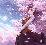  augu_(523764197) bad_id bad_pixiv_id blue_sky blurry blurry_background blurry_foreground blush breasts brown_vest cherry_blossoms collared_shirt commentary day depth_of_field fate/stay_night fate_(series) from_side hair_ribbon highres holding homurahara_academy_uniform lens_flare lips long_hair long_skirt long_sleeves looking_at_viewer looking_to_the_side matou_sakura medium_breasts neck_ribbon outdoors purple_eyes purple_hair purple_skirt red_neckwear red_ribbon revision ribbon school_briefcase shiny shiny_hair shirt skirt sky solo straight_hair sun sunlight two-handed vest white_shirt wing_collar 