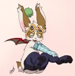  2016 3_toes anthro armwear blue_eyes brown_fur clothed clothing digital_drawing_(artwork) digital_media_(artwork) eyewear final_fantasy fur glasses hi_res legwear male mammal membranous_wings moogle multicolored_fur open_mouth simple_background smile socks solo spiral square_enix stormdragonblue toes trouffee two_tone_fur video_games wings 