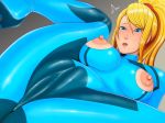  1girl abomayo areolae blonde_hair blue_eyes bodysuit breasts cameltoe erect_nipples eyebrows_visible_through_hair large_breasts legs_up long_hair metroid mole mole_under_mouth nintendo nipple_cutout nippleless_clothes nipples open_mouth parted_lips ponytail pussy samus_aran skin_tight solo spread_legs tagme zero_suit 