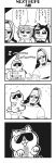  2girls 4koma :3 animal_ears bangs bkub box cat comic dj_copy_and_paste dog_ears eyebrows_visible_through_hair fang glasses greyscale grin halftone hat headphones highres honey_come_chatka!! komikado_sachi long_hair monochrome multiple_girls open_mouth shaded_face shirt short_hair side_ponytail sidelocks simple_background smile snout speech_bubble swept_bangs talking tayo translation_request two-tone_background two_side_up 