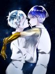  alternate_costume androgynous antarcticite arms_around_neck blue_eyes blue_hair colored_eyelashes face-to-face finger_to_mouth golden_arms hair_between_eyes hand_on_another's_chest highres houseki_no_kuni lin_yang looking_at_another multiple_others phosphophyllite phosphophyllite_(ll) see-through short_hair silver_eyes silver_hair sky smile spoilers star_(sky) starry_sky white_eyes white_hair 