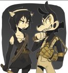  1boy 1girl alice_(bendy_and_the_ink_machine) bendy_and_the_ink_machine black_hair boris_(bendy_and_the_ink_machine) bow breasts choker elbow_gloves weapons yellow_eyes 