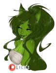  animal_humanoid breasts chest_wraps clothing female fox_humanoid green_body green_ears green_hair green_nose green_skin hair humanoid licheart long_hair noxxi_greenrose smile solo wraps 