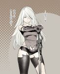  android armlet black_gloves black_shorts blue_eyes commentary elbow_gloves gloves highres holding holding_sword holding_weapon mole mole_under_mouth nier_(series) nier_automata pink_lips robot_joints shinya_komi short_shorts shorts silver_hair solo sword tank_top translated weapon yorha_type_a_no._2 