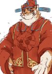 blue_eyes clothing feline lin_hu looking_at_viewer male mammal nekojishi simple_background solo tiger white_background 