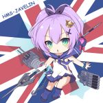  anchor azur_lane bad_id bad_pixiv_id bangs blue_footwear blush boots bracelet camisole cannon chain character_name chibi crown eyebrows_visible_through_hair flag_background full_body gloves green_eyes hair_between_eyes highres holding holding_weapon javelin javelin_(azur_lane) jewelry kyuujou_komachi looking_at_viewer mini_crown object_namesake parted_lips plaid plaid_skirt purple_hair purple_skirt single_glove skirt solo torpedo turret union_jack weapon white_camisole white_gloves 