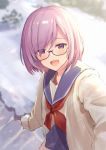  :d black-framed_eyewear blush eyebrows_visible_through_hair eyes_visible_through_hair fate/grand_order fate_(series) glasses hair_over_one_eye haru_(hiyori-kohal) lavender_hair looking_at_viewer mash_kyrielight open_mouth purple_eyes sailor_collar short_hair smile solo 