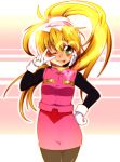  1girl bangs black_legwear blonde_hair blush bodystocking breasts capcom ciel_(rockman) gloves green_eyes hair_between_eyes hand_gesture hand_on_hips headgear heart high_ponytail inti_creates long_hair medium_breasts one_eye_closed ponytail rockman rockman_zero semikichi skirt smile solo tongue_out v white_gloves wink winking 