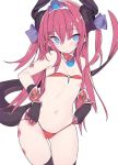  bangs bikini black_legwear blade_(galaxist) blue_eyes blush breasts choker closed_mouth commentary_request curled_horns dragon_horns dragon_tail elizabeth_bathory_(brave)_(fate) elizabeth_bathory_(fate)_(all) eyebrows_visible_through_hair fate/grand_order fate_(series) hair_between_eyes hair_ribbon head_tilt horns long_hair looking_at_viewer navel pink_hair pointy_ears purple_ribbon red_bikini red_choker ribbon silver_trim simple_background small_breasts solo swimsuit tail tail_raised thighhighs tiara two_side_up vambraces very_long_hair white_background 