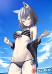  animal_ears bikini black_bikini blue_sky breasts cloud cowboy_shot day green_eyes grin looking_at_viewer medium_breasts navel original outdoors patreon_logo patreon_username saiste short_hair side-tie_bikini sky smile solo striped_bikini_top swimsuit yellow_eyes 