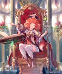  animal_ears book dog_ears dog_tail green_eyes hat highres indoors open_book open_mouth red_hair shingeki_no_bahamut short_hair sitting solo supertie sword tail thighhighs throne watermark weapon 