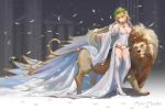  ahoge bare_shoulders belt blonde_hair breasts chain detached_sleeves fate/extra fate/extra_ccc fate_(series) flower green_eyes high_heels highres laurel_crown leotard lion lock long_hair looking_at_viewer nero_claudius_(bride)_(fate) nero_claudius_(fate)_(all) petals smile solo thighhighs ushas white_legwear white_sleeves 