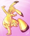  2016 5_fingers 5_toes anthro balls black_nose bulge claws digital_drawing_(artwork) digital_media_(artwork) eyewear glasses hi_res looking_at_viewer male mammal maochu nintendo nude penis pikachu pink_background pok&eacute;mon pok&eacute;mon_(species) red_eyes rubber shiny simple_background smile solo stormdragonblue teeth thick_thighs toe_claws toes video_games 