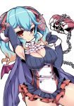  armpits blue_hair breasts brown_hair cape chain cleavage cowboy_shot demon_horns demon_wings elbow_gloves gloves hair_ribbon hand_behind_head horns impossible_clothes lapis_(sennen_sensou_aigis) large_breasts long_hair looking_at_viewer multicolored_hair nemui_(nemui) purple_cape red_eyes ribbon sennen_sensou_aigis sidelocks solo standing teeth twintails two-tone_hair white_neckwear wings wrist_cuffs 